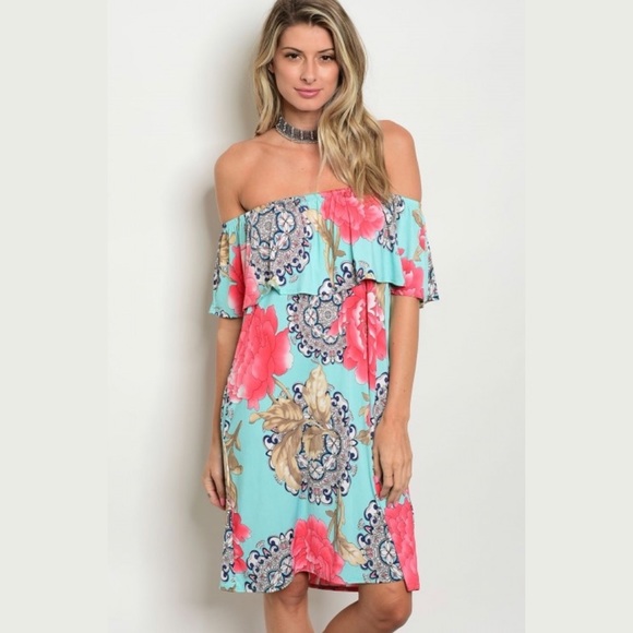 Colorful Floral OTS Dress with Pockets!! BNWOT - Picture 2 of 5